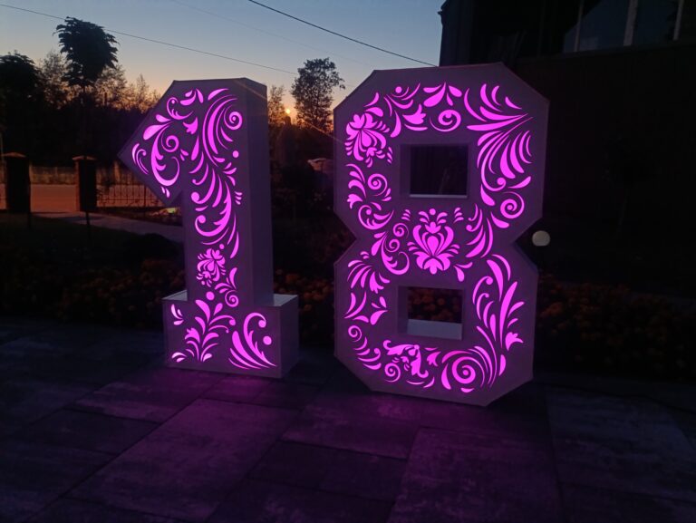 Napis stojący "18", zmienne kolory, nakładka ażurowa